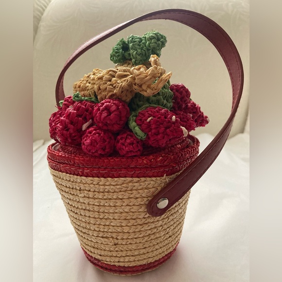 VTG Lulu Guinness Wheat Straw Fruit Bowl crocheted purse red leather strap - Picture 5 of 16
